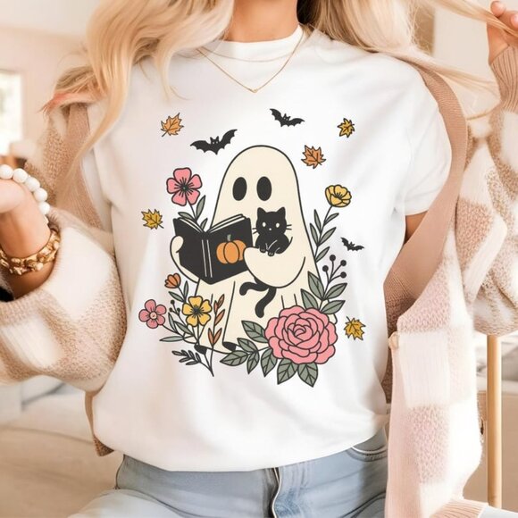 Floral Ghost Cat Halloween Shirt Retro Fall Vibes Shirt - Picture 1 of 3